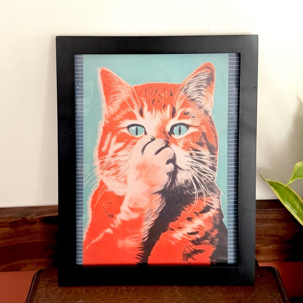Silly Cat Bathroom Kitty Holding it’s Nose Canvas Art Print Framed Wall Hang Art